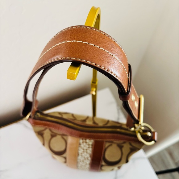 Coach Brown Leather Signature C Hampton Canvas Stripe Shoulder Bag Handbag 10542 - Picture 5 of 11